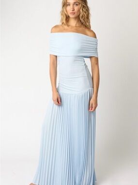 Light Blue Off-Shoulder Pleated Maxi Dress